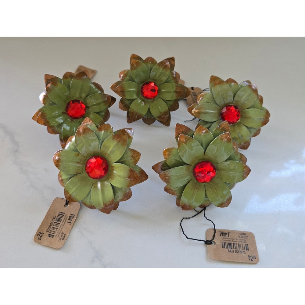 Pier 1 Imports Succulent Flower Napkin Rings Set of 5 Green Red Gem SKU‎ 2512973